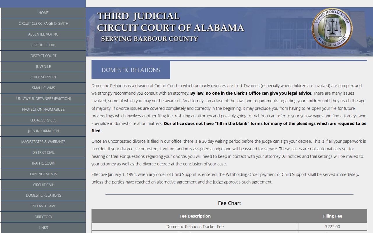 Barbour County court dates and domestic relations setting source