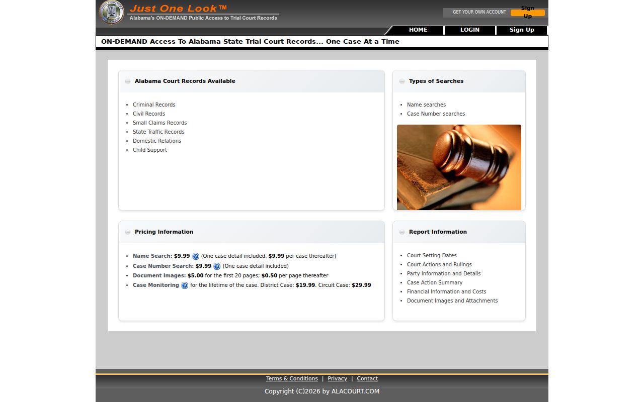 Barbour County case lookup through the Just One Look trial court records portal